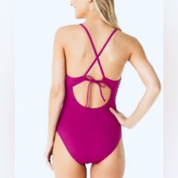 Cole of California Cross Back Plunge One Piece Maillot Swimsuit Berry 10 - Picture 2 of 7